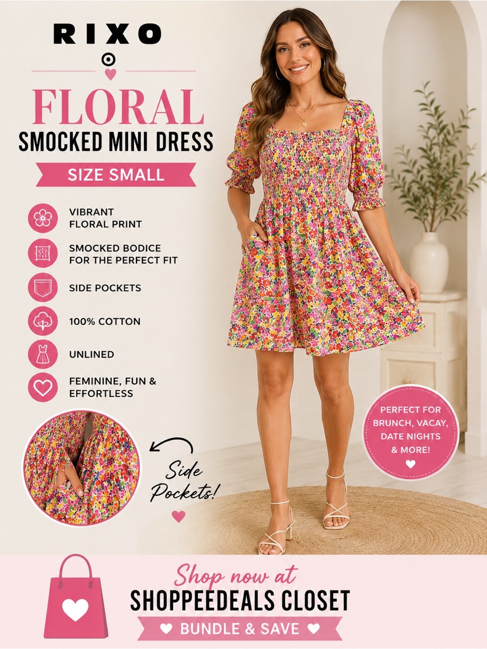 RIXO Floral Smocked Mini Dress Women’s Size Small